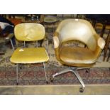 A vintage upholstered seat, back and arm revolving office chair on aluminium quadruped base,