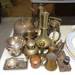 A plated food cover, ice bucket and a collection of Eastern brass decorative and practical wares.