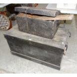 A large painted pine tool box with fitted trays, 102cm wide, 53cm deep, 53.5cm high, together with a