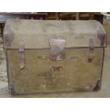 A 19th century canvas-covered and leather-bound dome-top wicker work trunk (no interior tray), bears