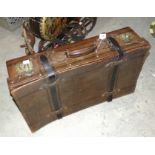 A leather suitcase, 65 x 38cm, an inlaid wooden dome-top jewellery box, one other wooden box, a pair