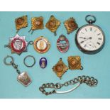 A silver-cased key-wind open-face pocket watch, (not working), a small silver locket, a modern