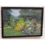 Three 1920's oil paintings on board, garden scenes with flowers, one inscribed Painted by Miss