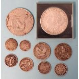 A USA 1882 silver Morgan dollar, a 1972 dollar and a quantity of World coinage.