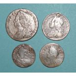 A James II Maundy fourpence, (date rubbed), a Charles II 1684 Maundy fourpence, a George II 1745
