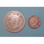 A USA 1859 one-cent, a quantity of 1960/70/80/90's quarter-dollars (73), a George VI 1938 South