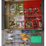 A collection of lures, minnows, spinners and other artificial baits, (a lot).