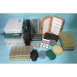 A Hardy Bakelite fly box, two Wheatley Silmalloy trout fly boxes and other fishing and bait
