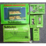 Subbuteo, three boxed trophies: C118, C119 and C128, a C142 Terrace Set, C140 Grandstand and C130