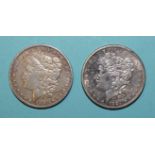Two USA silver Morgan one-dollars, 1884 and 1887, (2).
