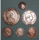 A collection of George III silver coinage: 1819 crown, 1819 half-crown, 1817 shilling (x2), 1817