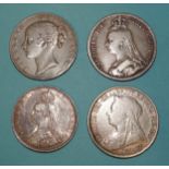 Three Victoria crowns: 1845, 1887 and 1893, also an 1887 double-florin, (4).