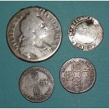 An Elizabeth I 1565 hammered silver sixpence, a Queen Anne 1711 shilling, a William III 1696