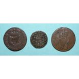 A Dublin, Mic Wilson 1672 "Butchers" half-penny, a Charles II 168? Irish half-penny and a George III