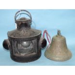 A brass ship's bell, 18cm high, 17.5cm diameter and a black-painted metal 'bull's eye' hand lamp,