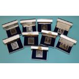 Guldfynd Plakett AB, a collection of nine .925 silver plaques in the form of Swedish stamps, in