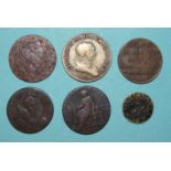A collection of six tokens, including a 1667 Maidstone halfpenny, a George III 1808 Irish 30-