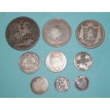 A William III sixpence (date rubbed), a George IV 1821 crown, 1824 half-crown, 1826 shilling, a