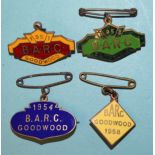 Four BARC (British Automobile Racing Club) Goodwood lapel badges by Marples and Beasley: 1951, 1953,