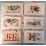 A collection of 57 WWI silk embroidered postcards and one other '1939 Souvenir from Gibraltar', (