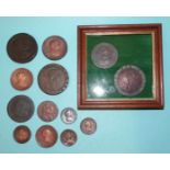 A collection of George III copper coinage, including three 1797 cartwheel twopences and two pennies,