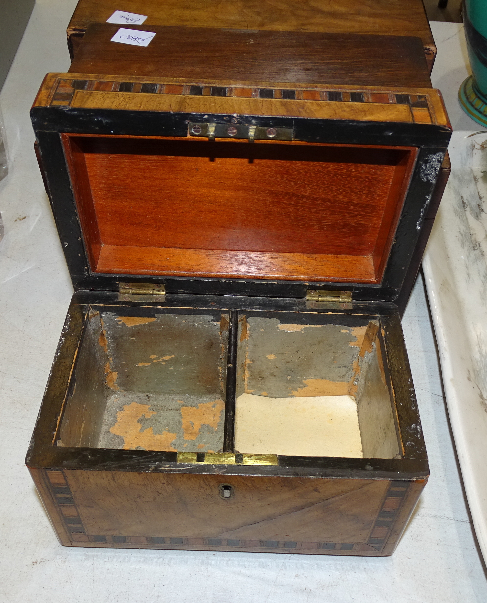 A 19th century rosewood tea caddy with interior cannister and glass mixing bowl, fitted with ring - Image 2 of 3