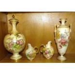 A Royal Worcester porcelain blush ivory two-handled vase with floral decoration, with grey factory