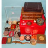 A small Tunbridge ware pin cushion, a scent bottle (a/f) and other items, jewellery boxes, etc.