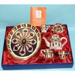 A Royal Crown Derby Imari miniature tea set, comprising oval tray, teapot, cup, saucer, milk jug and