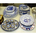 Two 19th century blue and white leaf-shaped pickle dishes and other 19th century blue and white