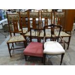 Five oak dining chairs with upholstered seats in the Art Nouveau style, a small Edwardian armchair