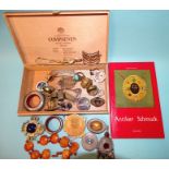 A butterscotch amber bracelet, 15g, two small Egyptian silver pill boxes and a small quantity of