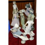 A collection of six Lladro figurines: 'Female Tennis Player', 32cm, (with box), 'A Dancing Partner',