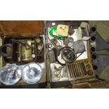 A quantity of vintage motoring items, including a cased set of Sykes Pickavant tools, halogen lamps,
