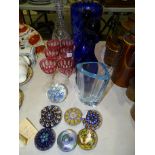A pair of Bristol blue glass decanters and stoppers, 28cm high, a Bohemian blue flash-cut vase, 25cm
