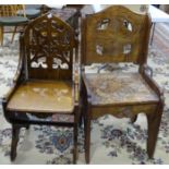 A 20th century oak Gothic-style hall chair and another hall chair carved overall with