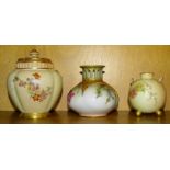 A Royal Worcester porcelain blush ivory pot pourri pot and cover decorated with flowers, inner cover
