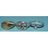 A 9ct gold signet ring, size M½, a silver "Pandora" ring and another gem-set silver ring, (3).