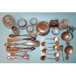 A silver-topped hair tidy, various cut glass and silver salts, four silver-handled shoehorns and