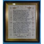 An early-19th century sampler by Elizabeth Todd, 1809, "An Evening Thought" poem within border of