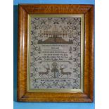 A Victorian sampler by Sarah Tyler Cross, 1851, with biblical text, the Lord's House, stags,