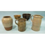 Six pieces of studio pottery, including a vase with incised decoration, 20cm high, two jugs, two