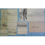 “Dublin Bay”, inscribed pencil drawing, 23x31cm, unframed; together with sixteen further drawings