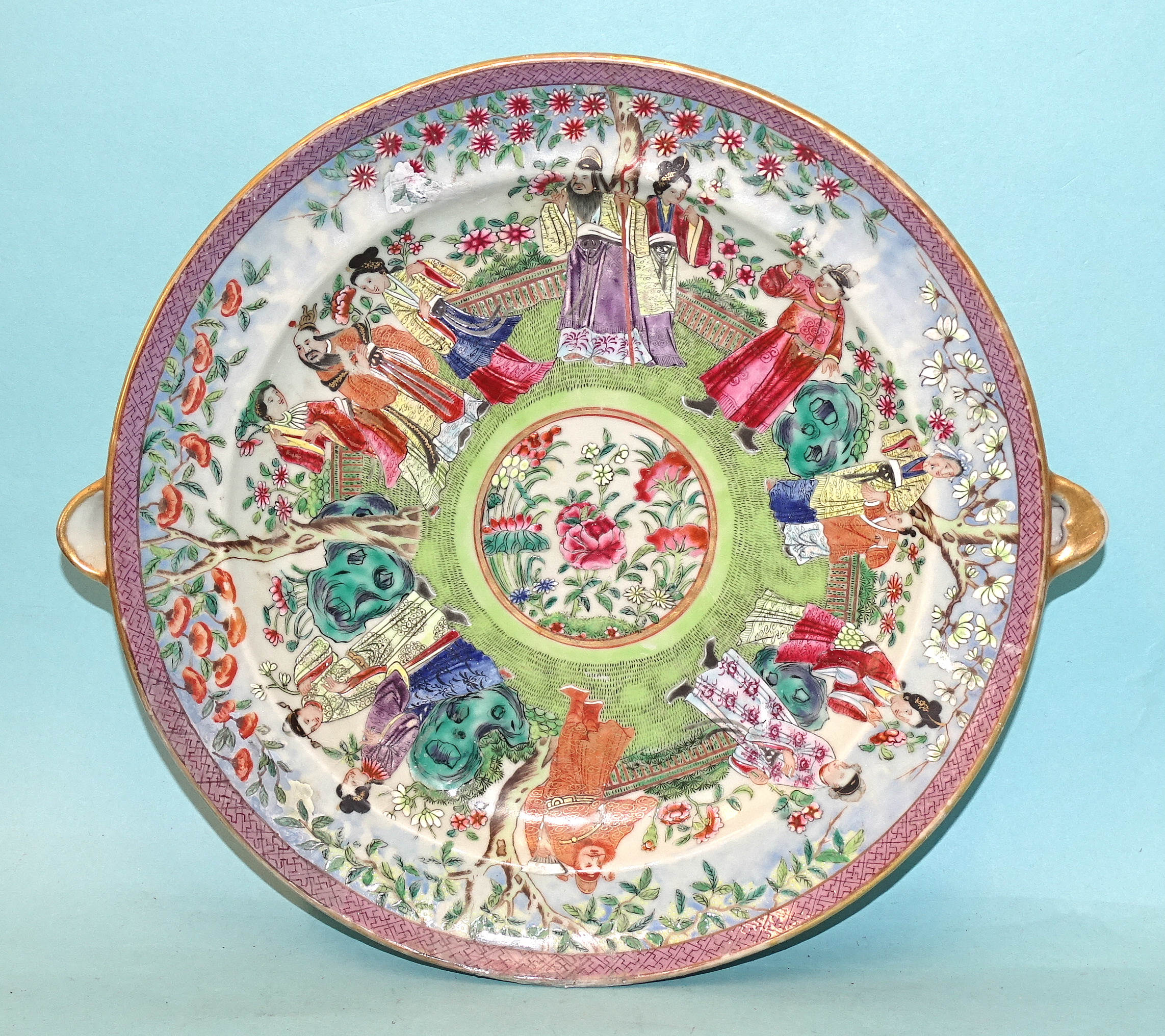 A 19th century Chinese famille rose warming dish, (restored), a small Cantonese bowl, (a/f) and