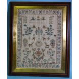 A 19th century sampler by Sarah Wright, 1836, with short biblical text, flowers, stags, squirrels