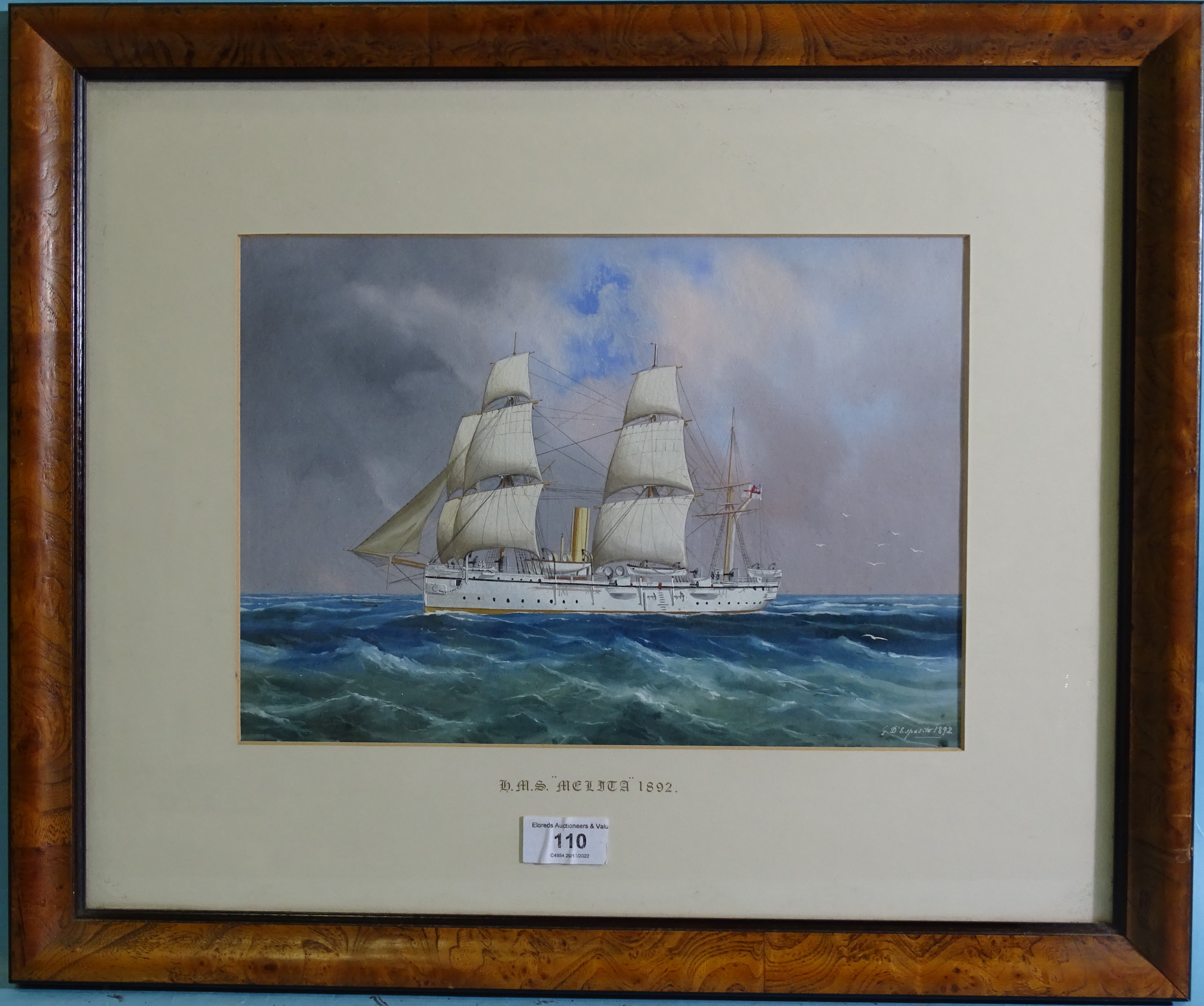 G D Esposito (19th century) HMS MELITA Signed gouache, dated 1892, 22.5 x 32.5cm, titled on mount.