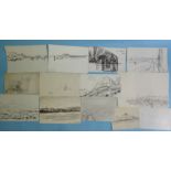 “Leaving Madrid”, inscribed pencil drawing, an unfinished study, 13.5x22.5cm; together with a