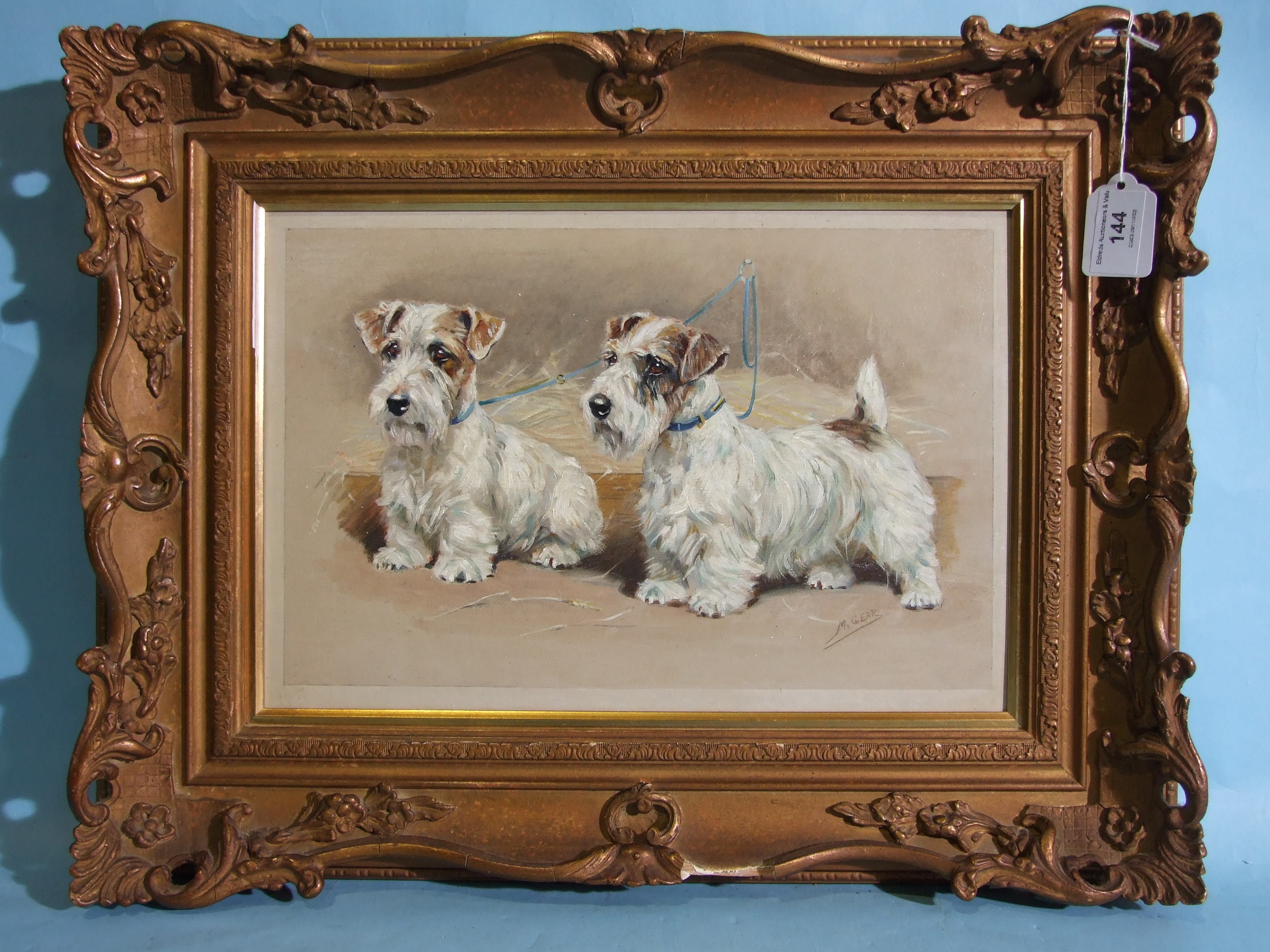 Mabel Gear (1898-1987) TWO SEALYHAM TERRIERS TETHERED IN A BARN Signed oil on board, 29 x 38cm. - Bild 2 aus 4