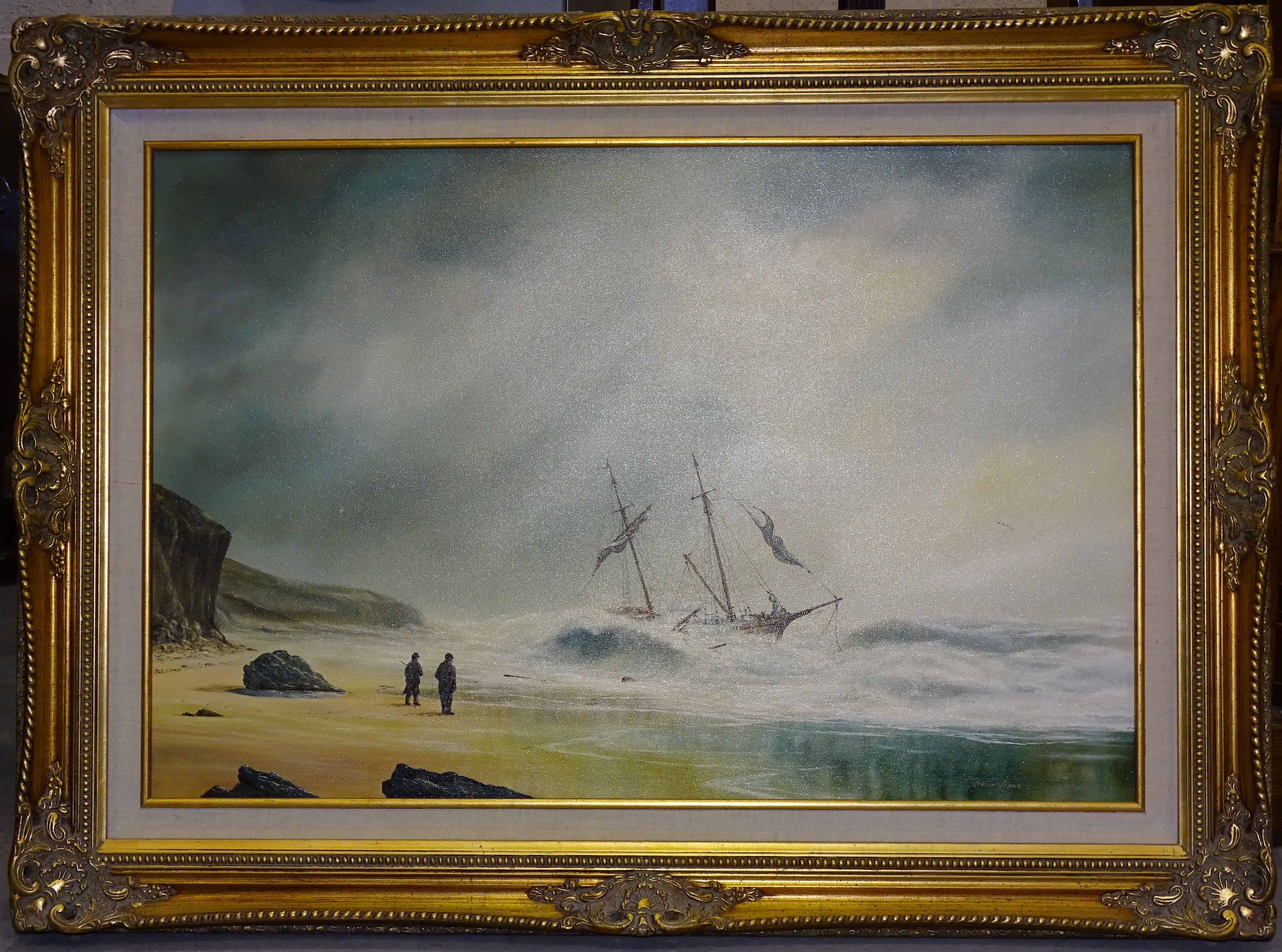 Arthur Read TWO-MASTED SCHOONER IN THE SURF AND FIGURES ON THE BEACH Signed oil on canvas, 61 x - Bild 2 aus 4