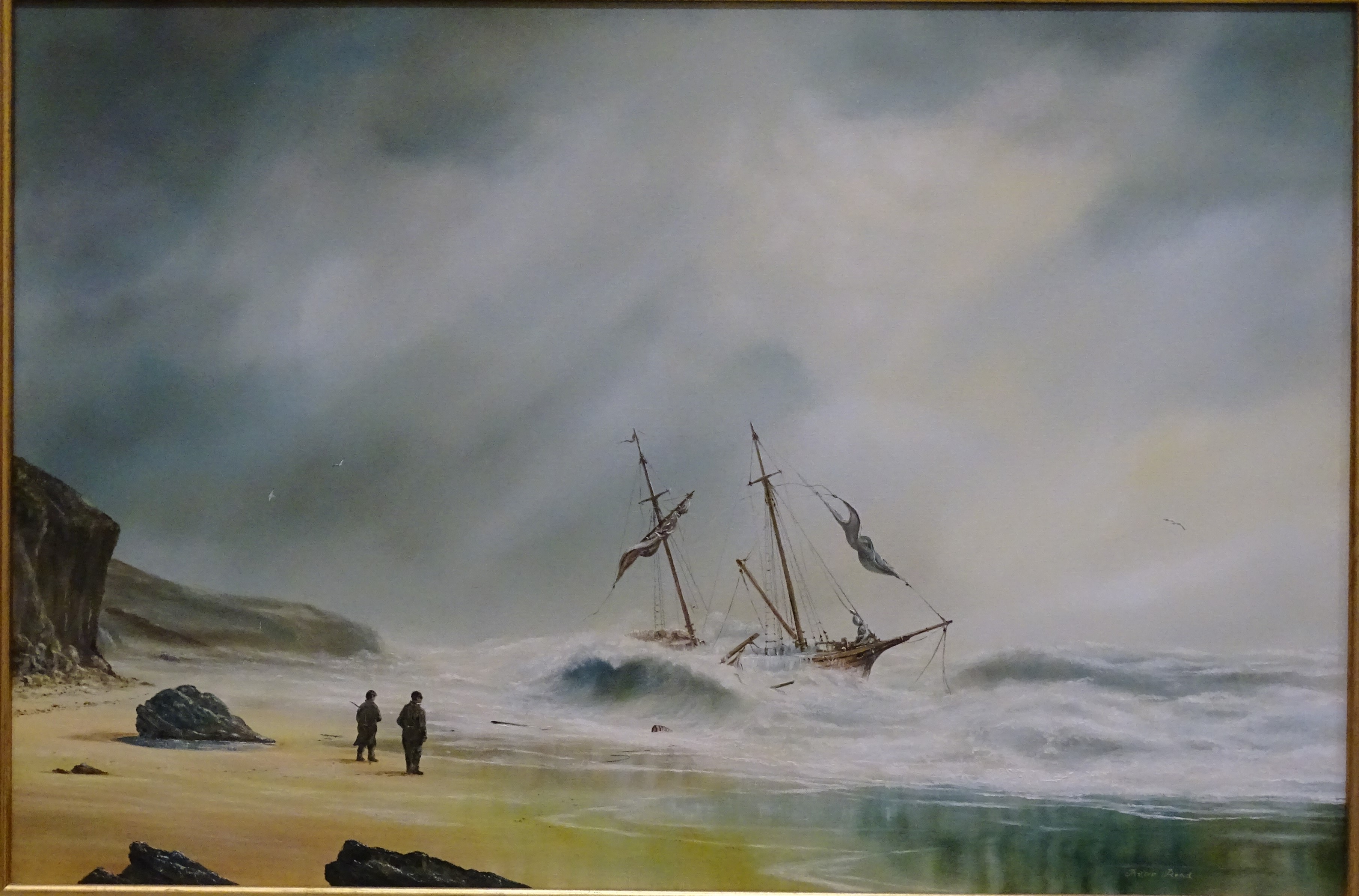 Arthur Read TWO-MASTED SCHOONER IN THE SURF AND FIGURES ON THE BEACH Signed oil on canvas, 61 x